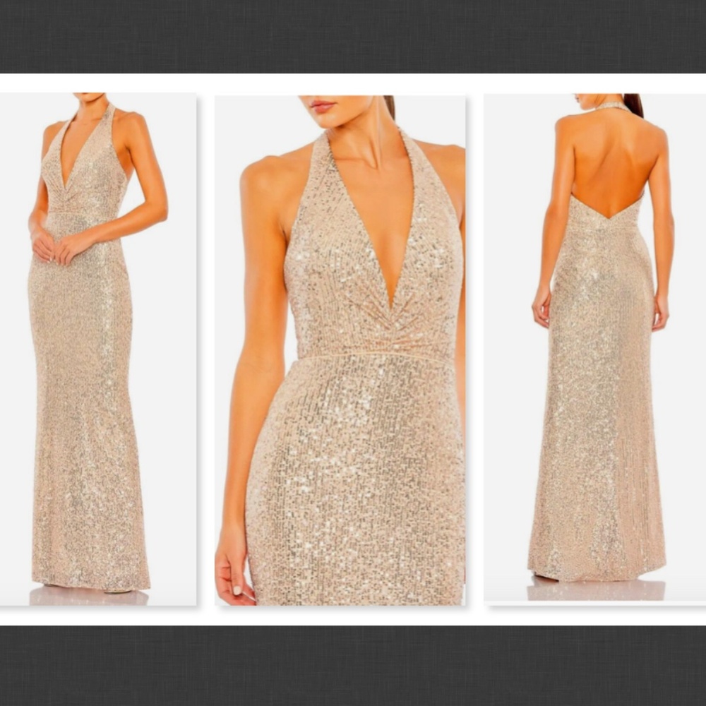 NEW Mac Duggal 11277  Rose Gold Sequin Halter Neck Gown Size 12
